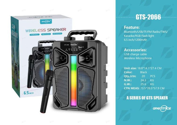 اسپیکر بلوتوثی قابل حمل مدل GTS2066 با میکروفون و چراغ LED