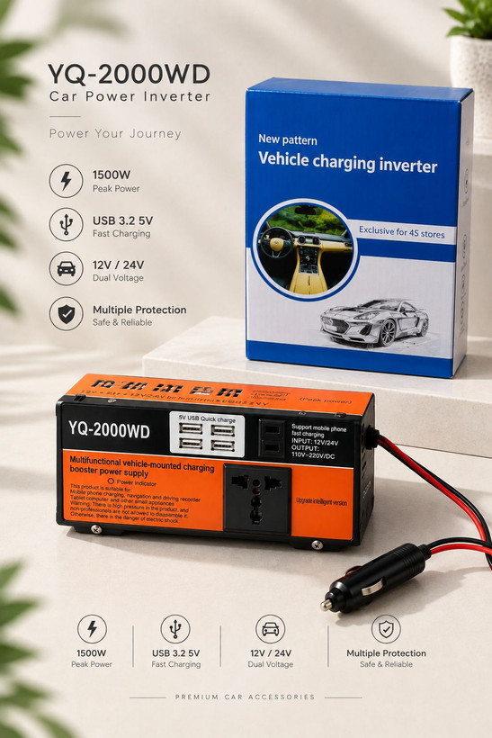 اینورتر برق فندکی خودرو مدل YQ-2000WD ظرفیت 200 وات