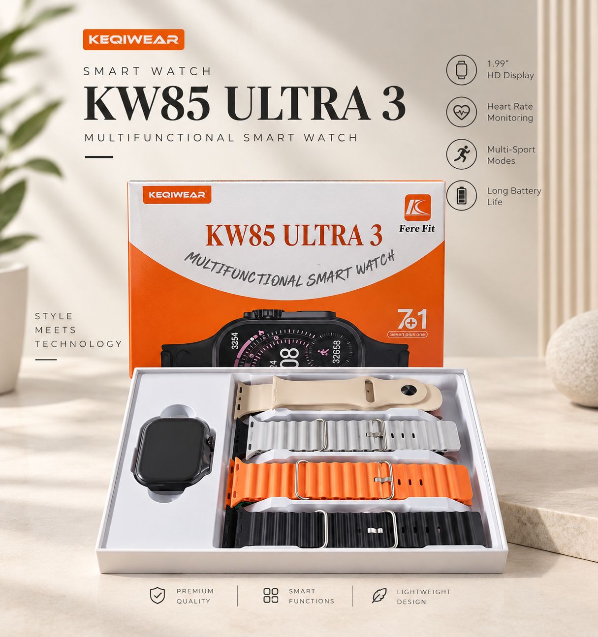 ساعت هوشمند کیوکر مدل KW85 Ultra3 با ۷ بند