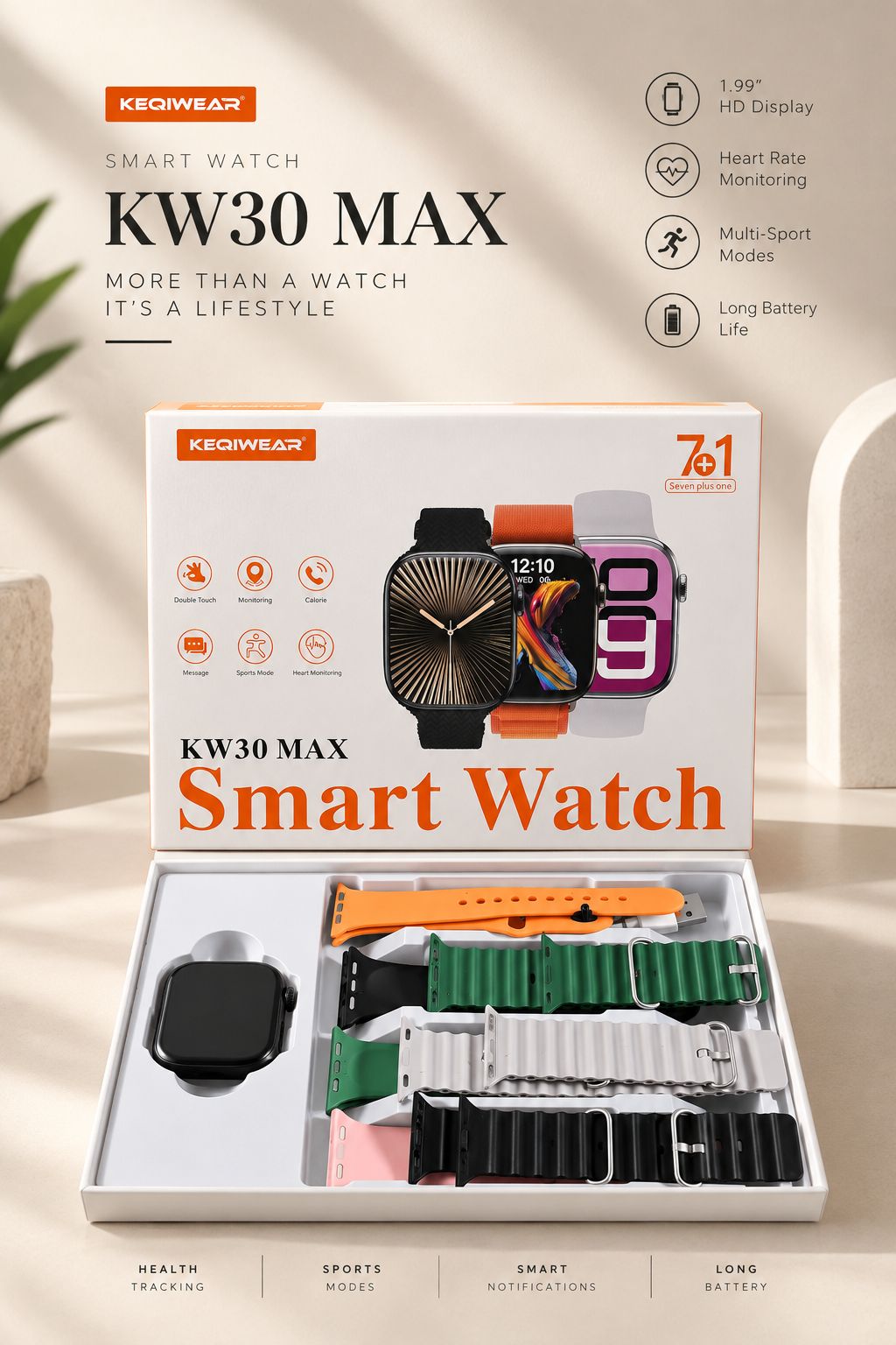 ساعت هوشمند اپل KW30 Max با ۷ بند سیلیکونی
